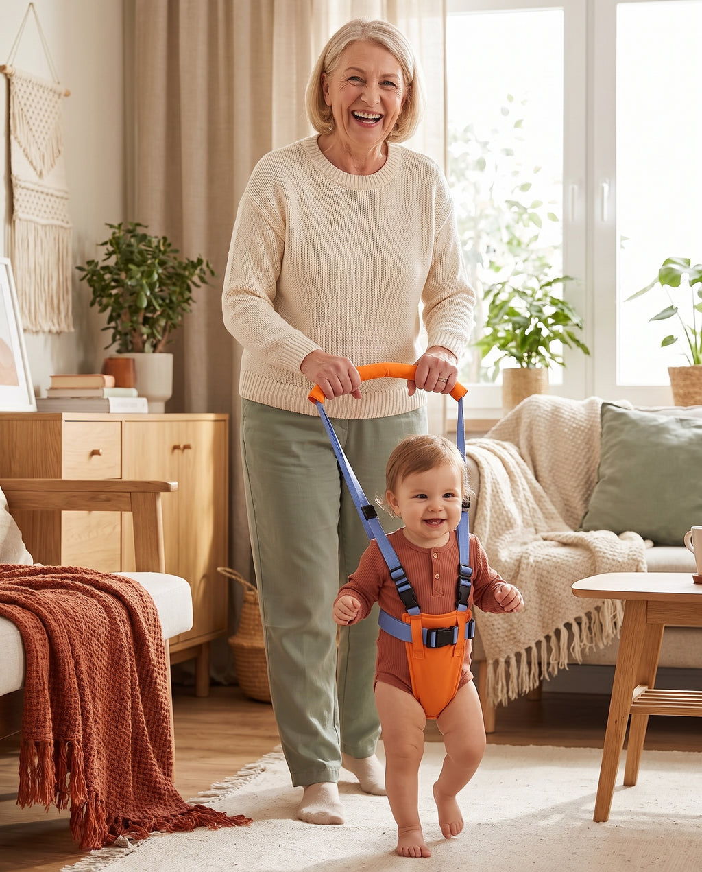 Grandparent walking with a toddler wearing the WobbleWalker harness