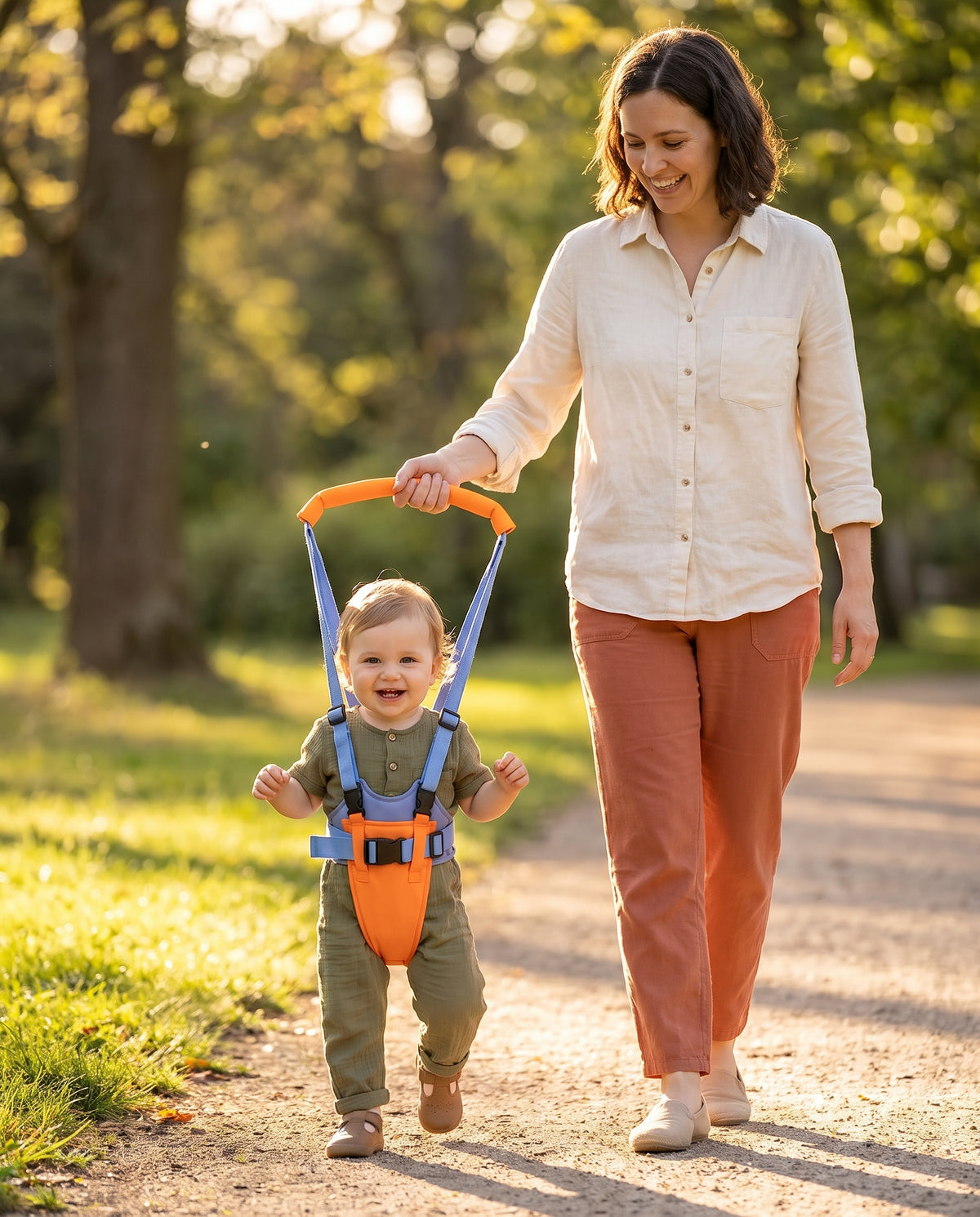 Toddler walking outdoors on a park path using the WobbleWalker harness