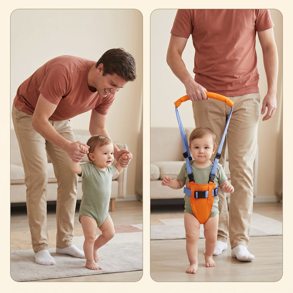 Side by side comparison of bending over to hold a toddler's hands and standing upright with the WobbleWalker handle