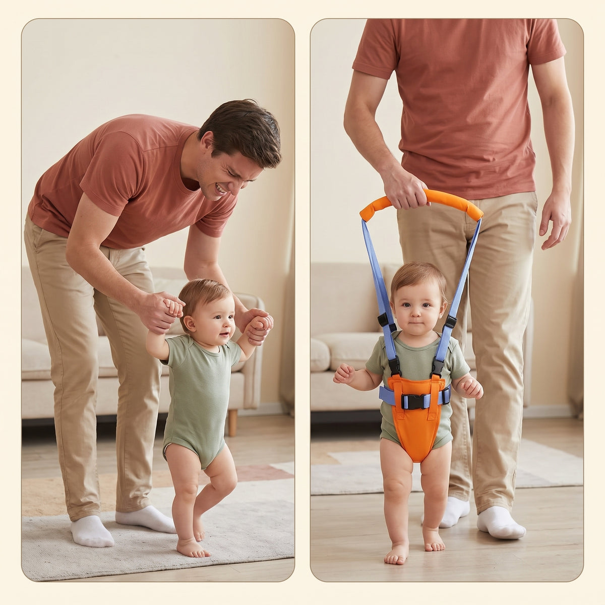 Side by side comparison of bending over to hold a toddler's hands and standing upright with the WobbleWalker handle