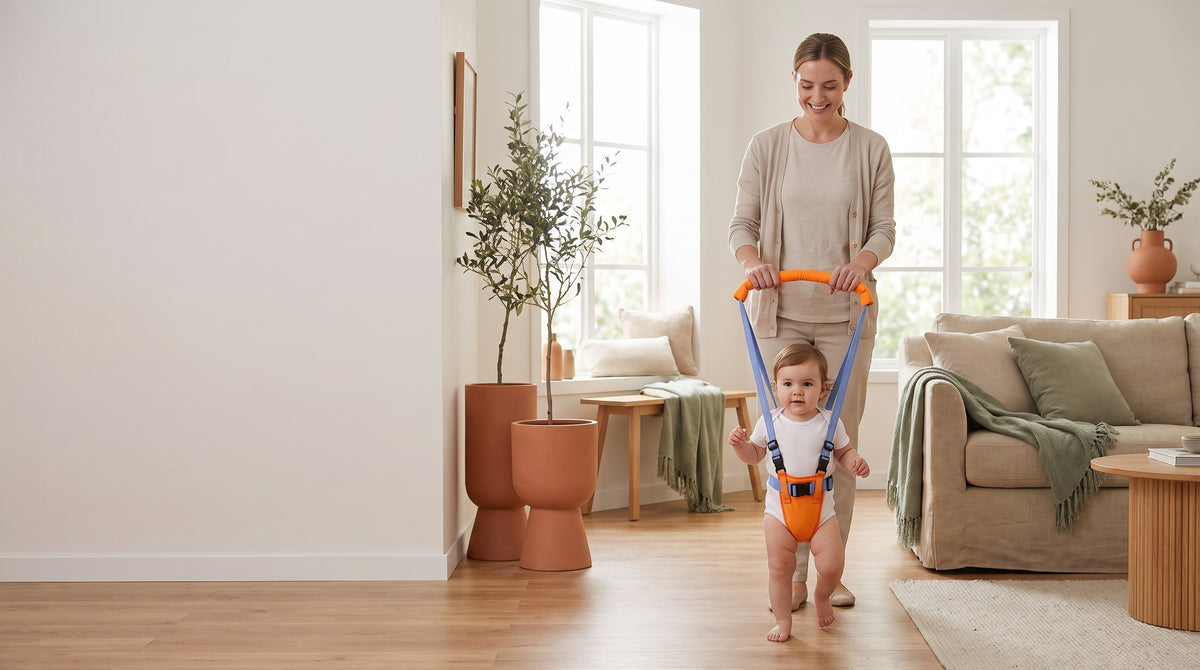 FirstStepsGuard homepage banner — parent standing upright with toddler walking